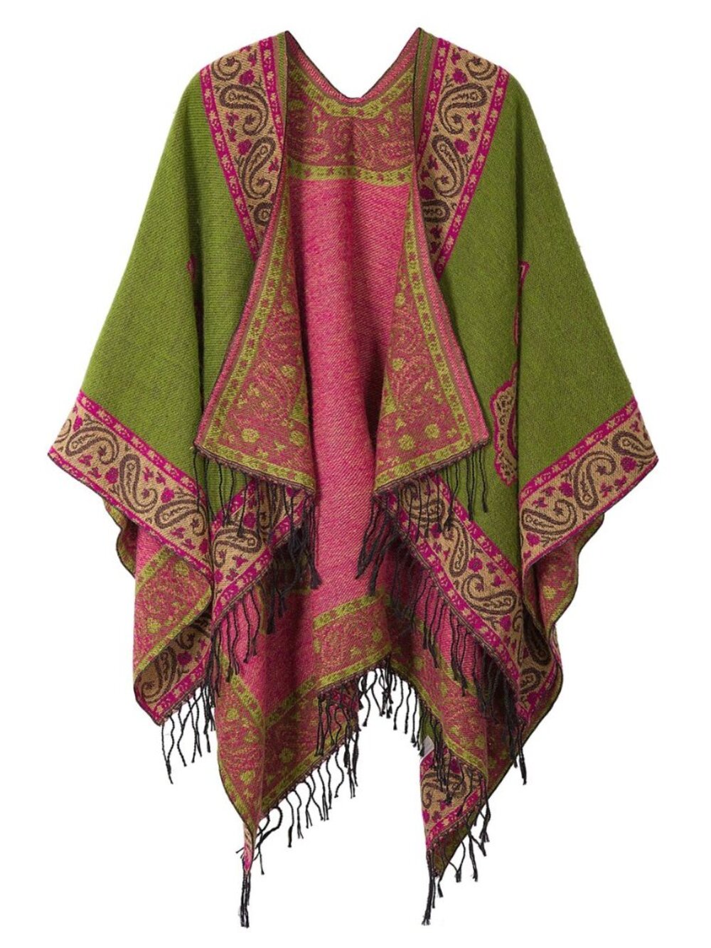 Women's Retro Style Vintage Pattern Tassel Poncho Shawl Cape Wraps For Women